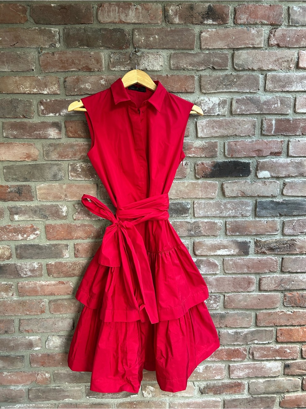 Carolina Herrera Vibrant Red Tiered Sleeveless Shirt Dress with Waist Tie